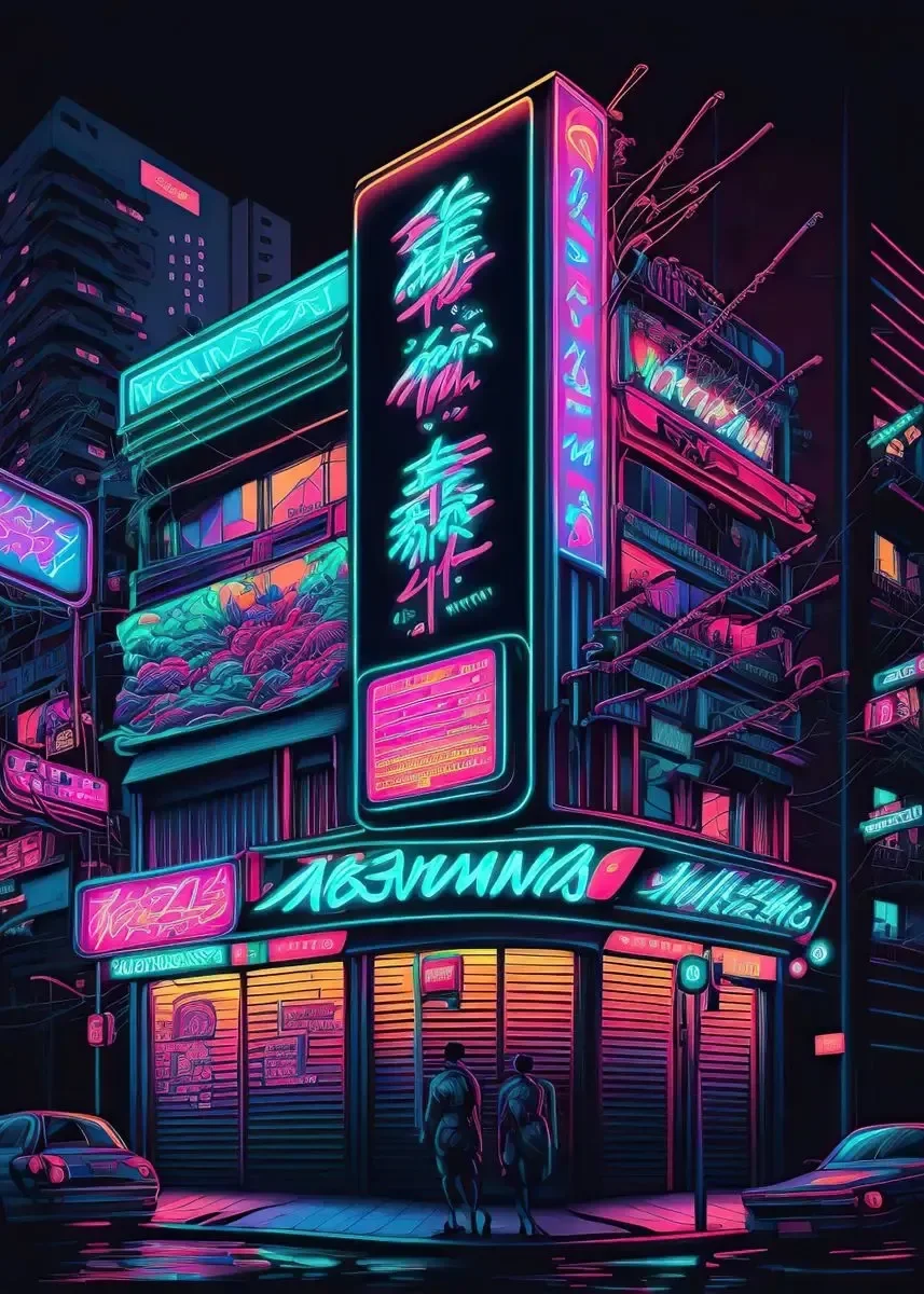 Neonowe miasto nocą - plakat w klimacie cyberpunk Niebieski