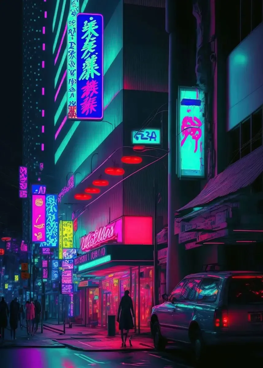 Neonowe miasto nocą - plakat w klimacie cyberpunk Pomarańczowy