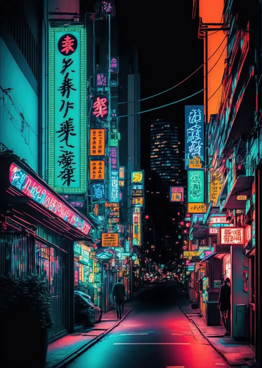 Neonowe miasto nocą - plakat w klimacie cyberpunk śliwka