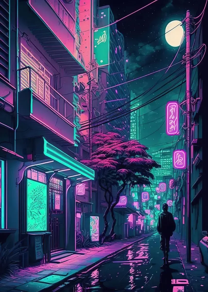 Neonowe miasto nocą - plakat w klimacie cyberpunk Wielo