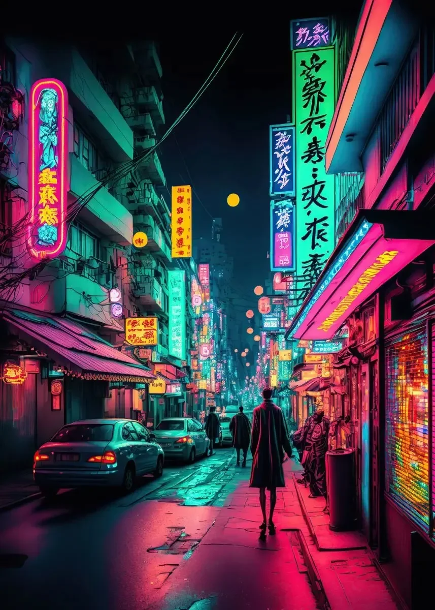Neonowe miasto nocą - plakat w klimacie cyberpunk Zielony
