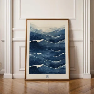 Niebieskie fale w stylu Japandi – plakat zen Czerwony