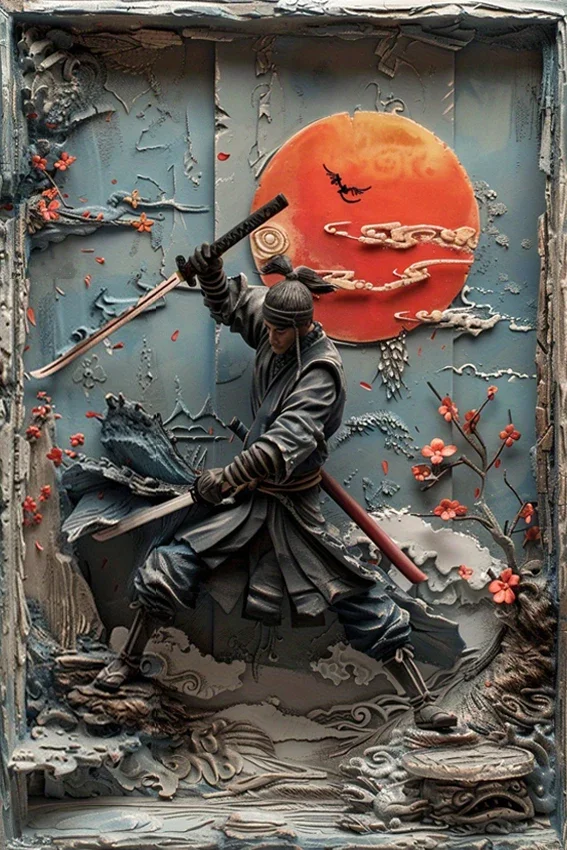 Ninja samuraj - metalowa tabliczka vintage Magenta