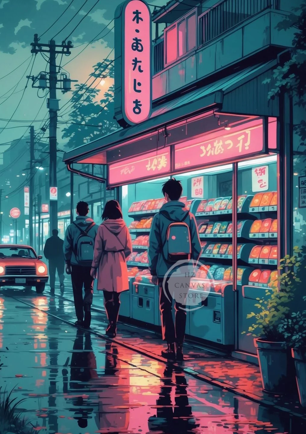 Nocne Tokio z neonami - retro plakat na płótnie Burgundia