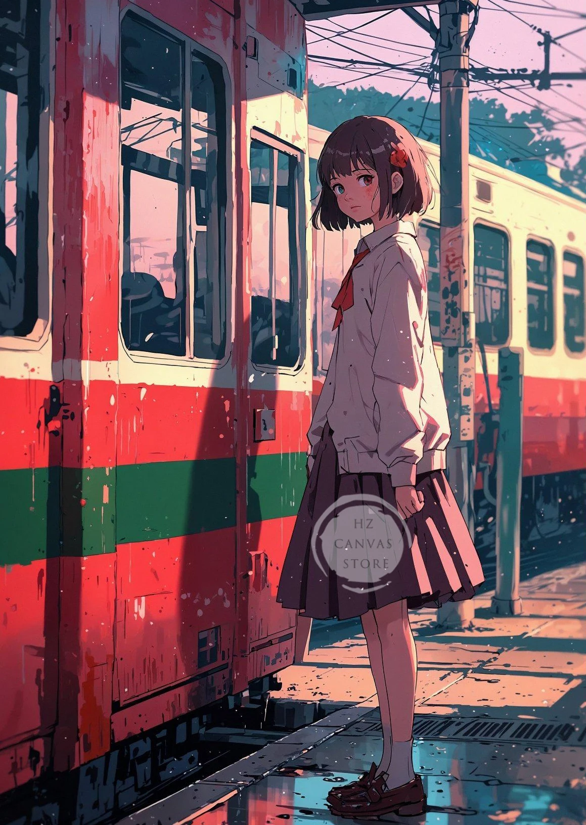 Nocne Tokio z neonami - retro plakat na płótnie Czerwony
