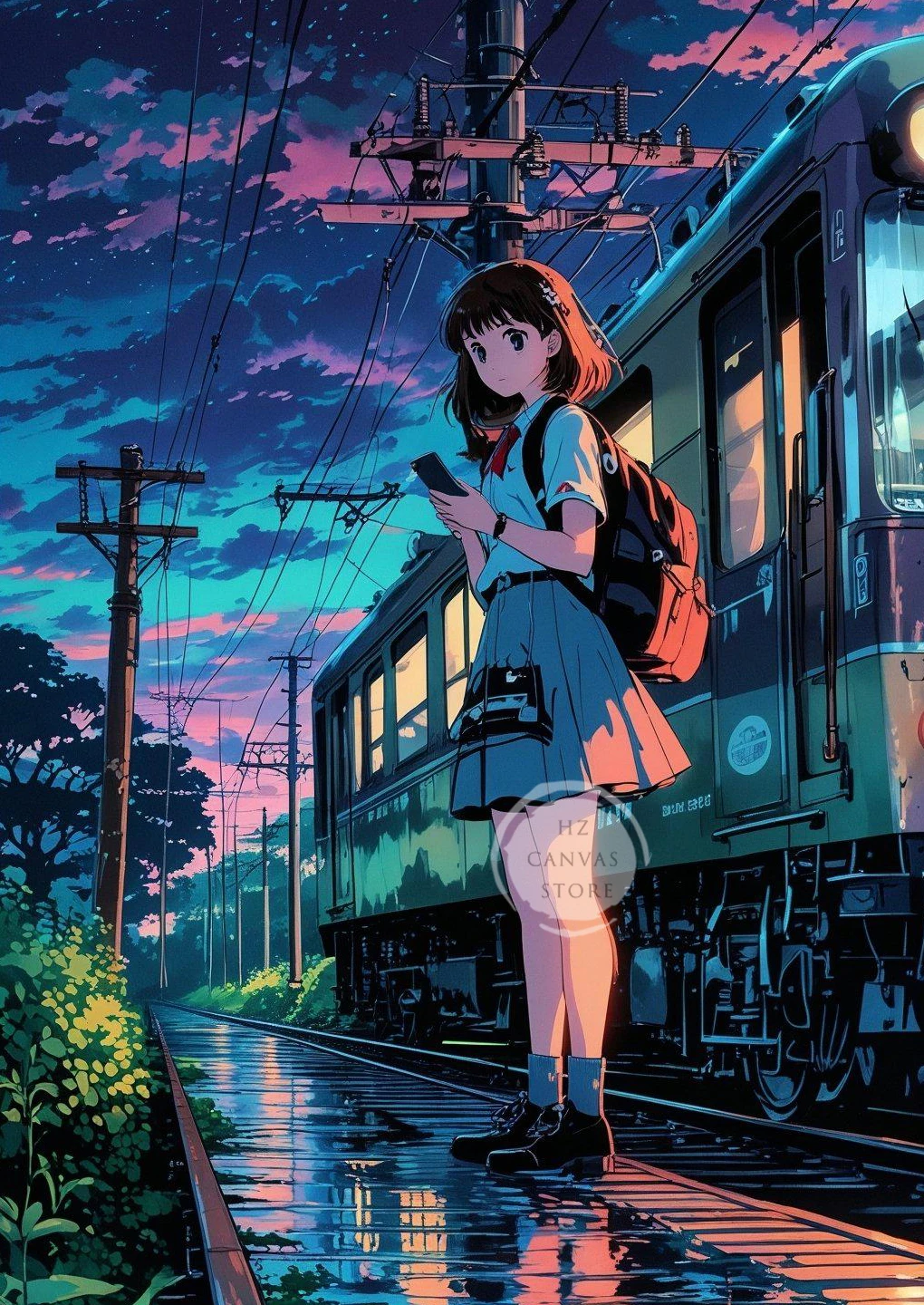 Nocne Tokio z neonami - retro plakat na płótnie Zielony