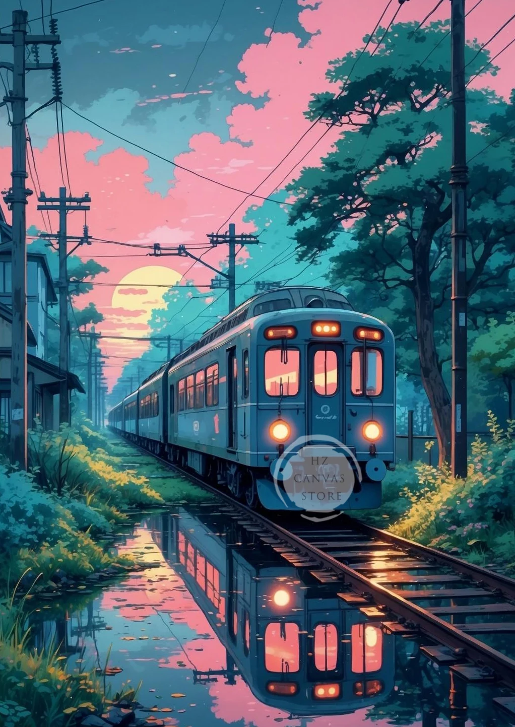 Nocne Tokio z neonami - retro plakat na płótnie żółty
