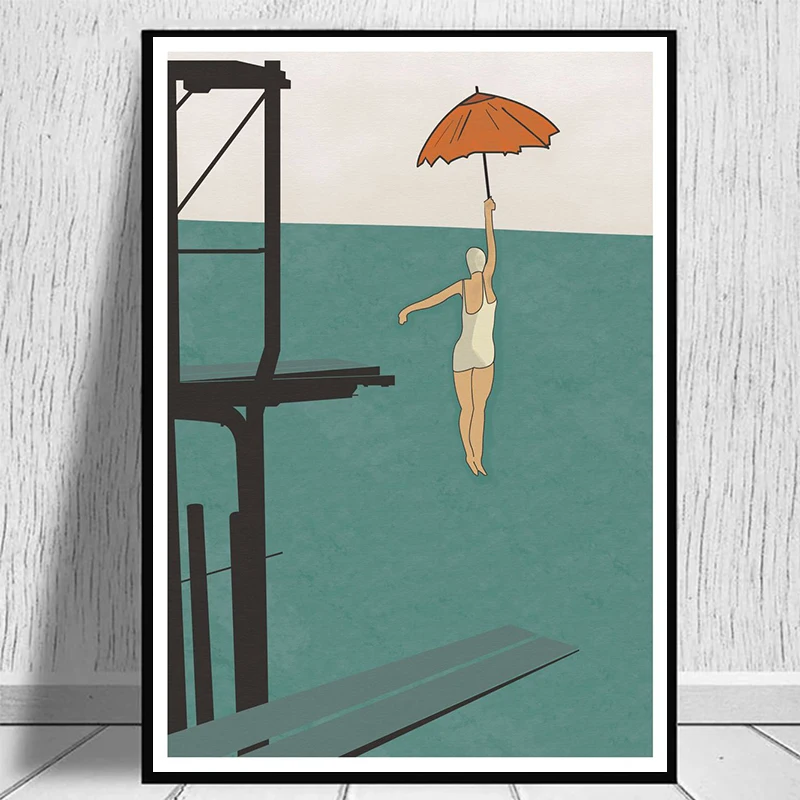 Nurkująca kobieta – plakat vintage w stylu plażowym Biały