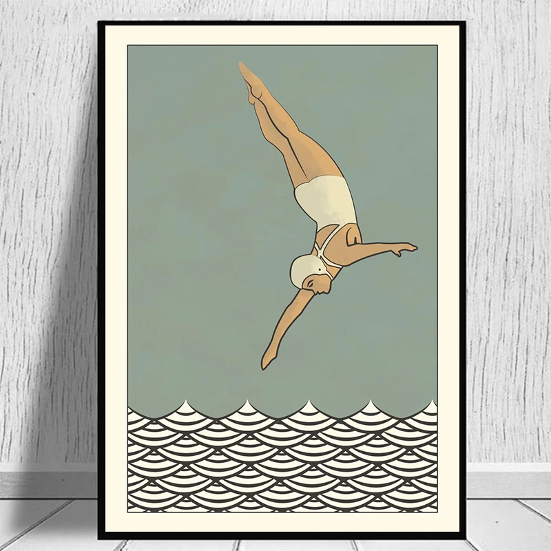 Nurkująca kobieta – plakat vintage w stylu plażowym żółty