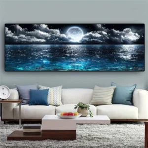 Ocean nocą z pełnią księżyca - plakat na płótnie Biały
