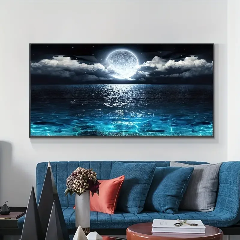 Ocean nocą i księżyc - plakat pionowy Biały