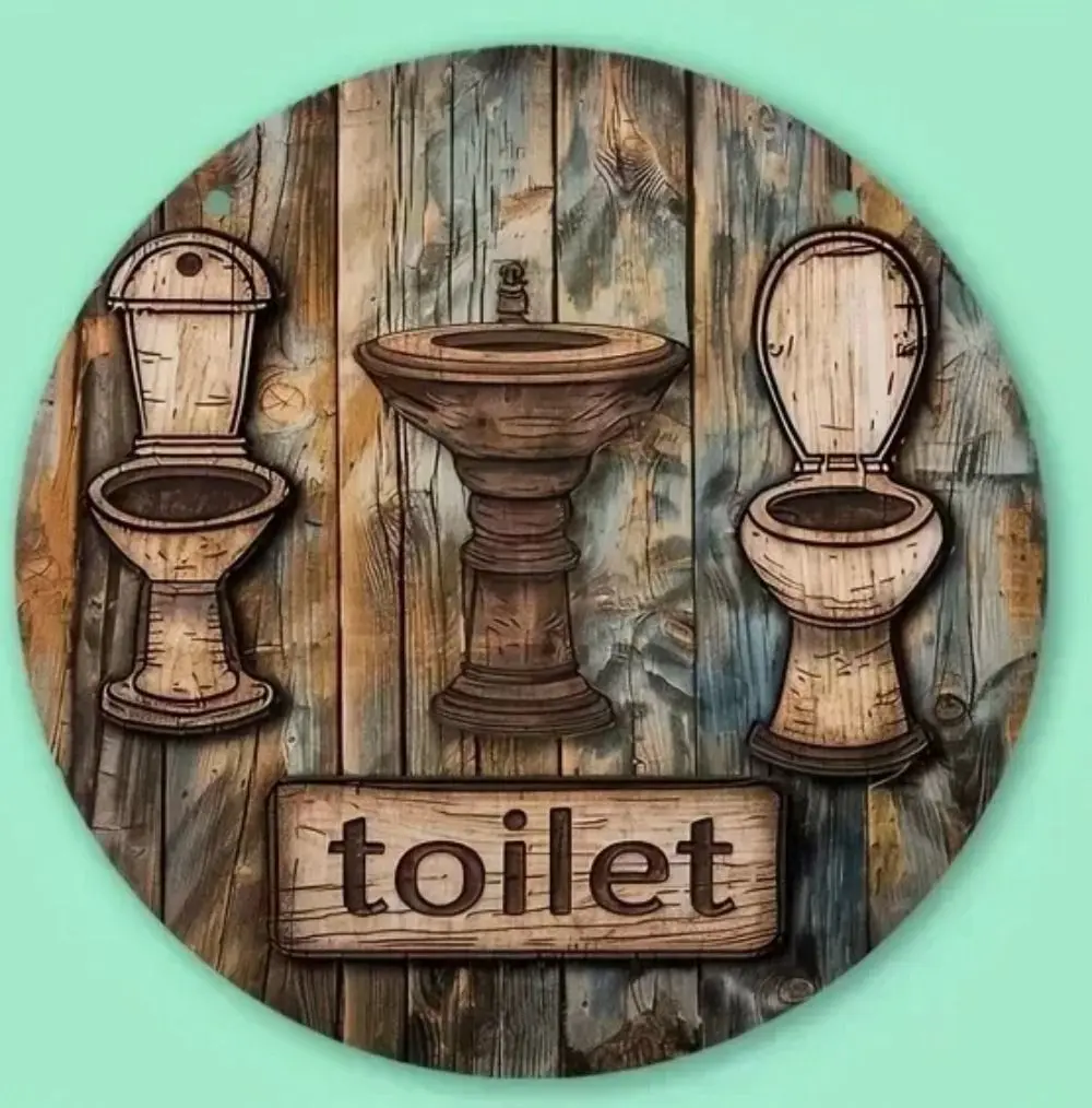Okrągła tabliczka vintage do łazienki - WC Restroom Jabłko złote