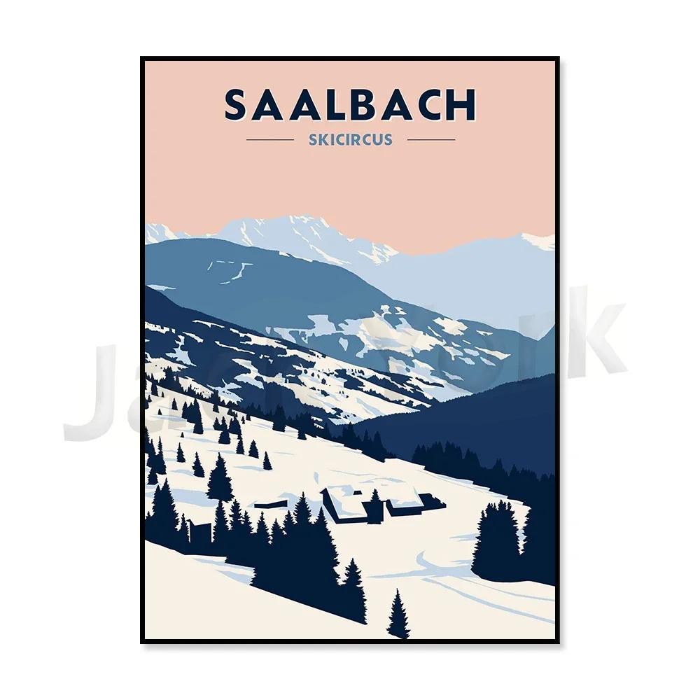 Ośrodki narciarskie w Alpach - plakat vintage Srebrny