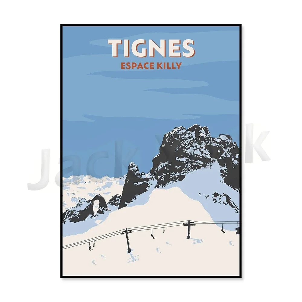 Ośrodki narciarskie w Alpach - plakat vintage Szary