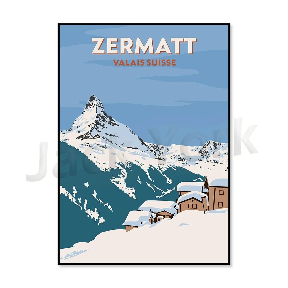 Ośrodki narciarskie w Alpach - plakat vintage żółty
