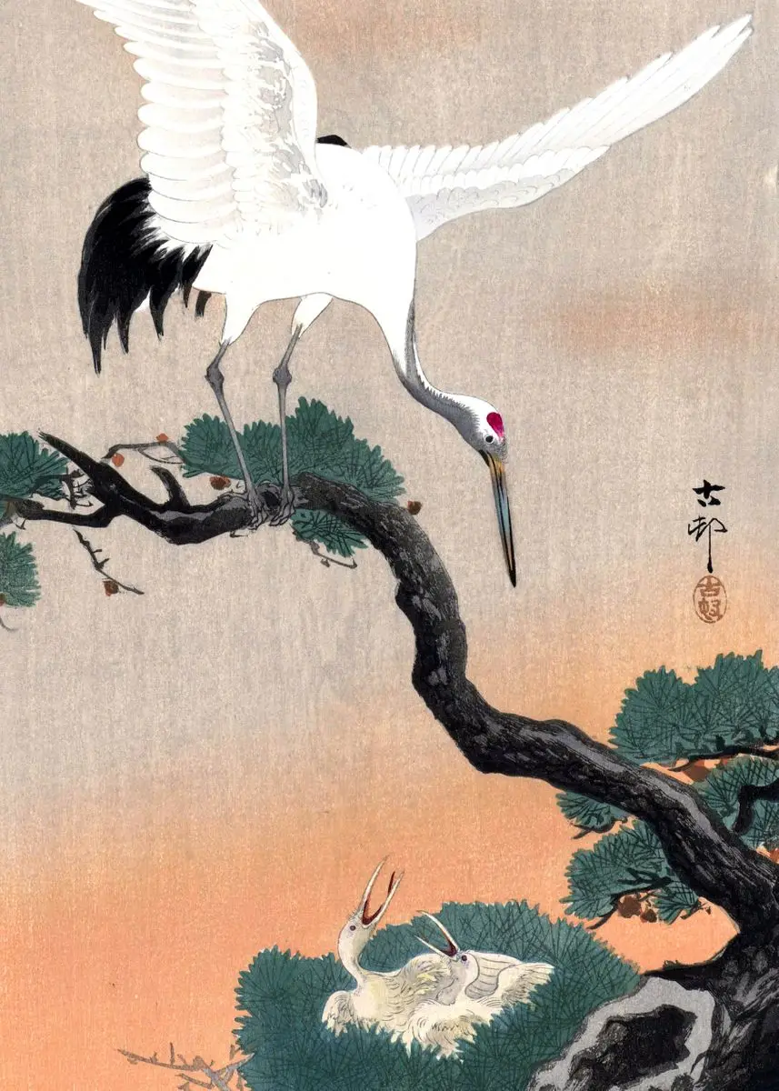 Pełnia księżyca, wróble i azalia - plakat ukiyo-e Burgundia