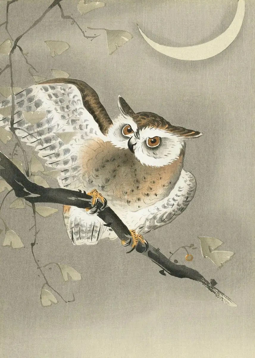 Pełnia księżyca, wróble i azalia - plakat ukiyo-e Czerwony