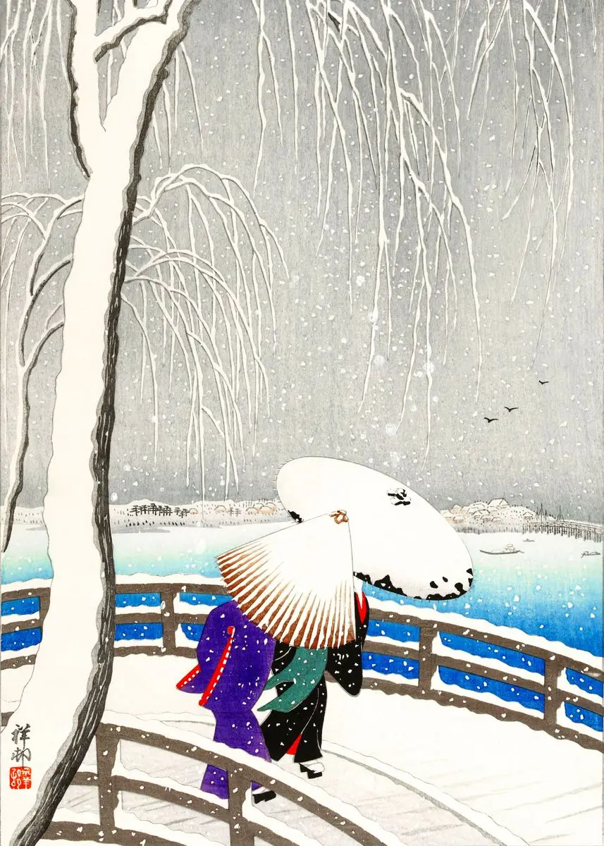 Pełnia księżyca, wróble i azalia - plakat ukiyo-e Głęboki niebieski