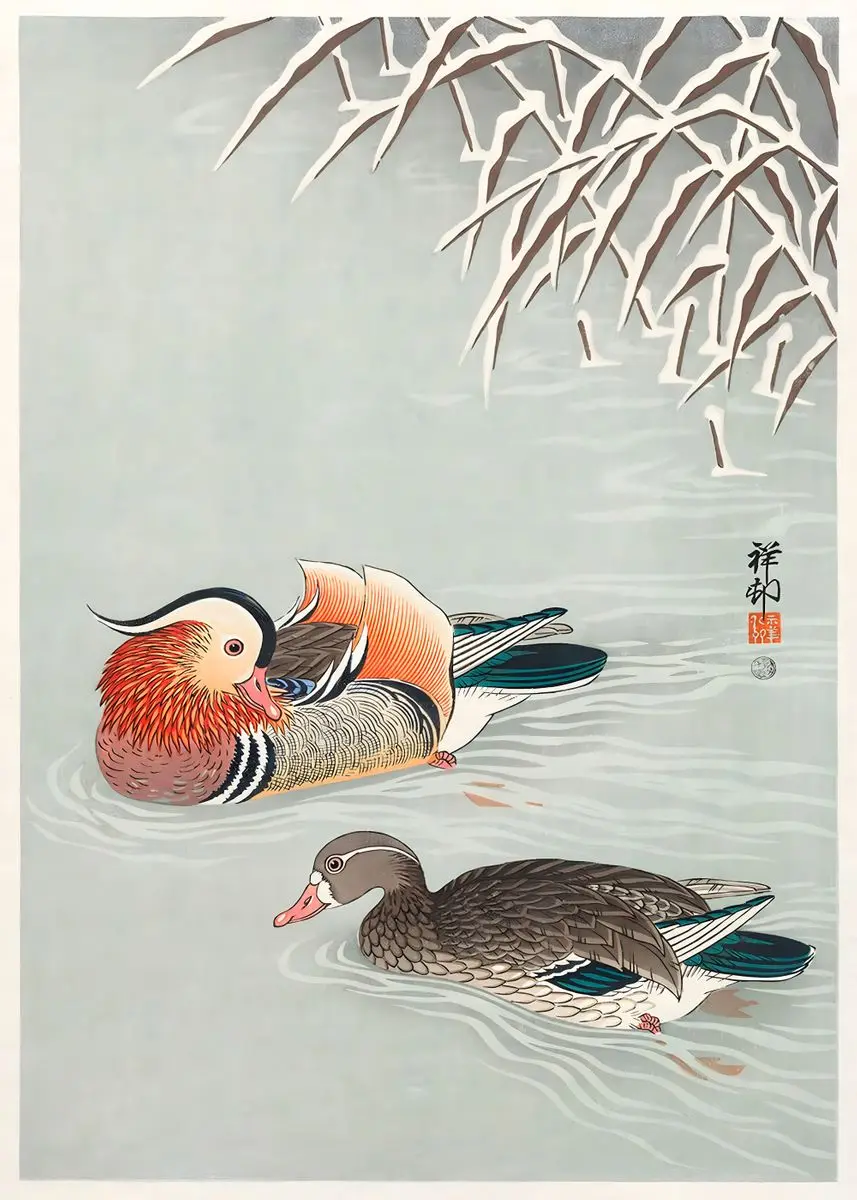 Pełnia księżyca, wróble i azalia - plakat ukiyo-e Jasnoszary