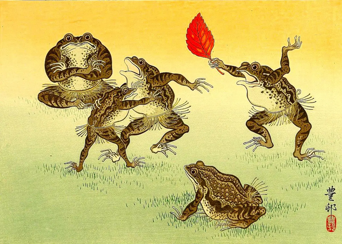 Pełnia księżyca, wróble i azalia - plakat ukiyo-e Niebieski