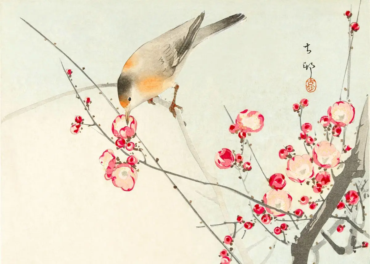 Pełnia księżyca, wróble i azalia - plakat ukiyo-e Zielony