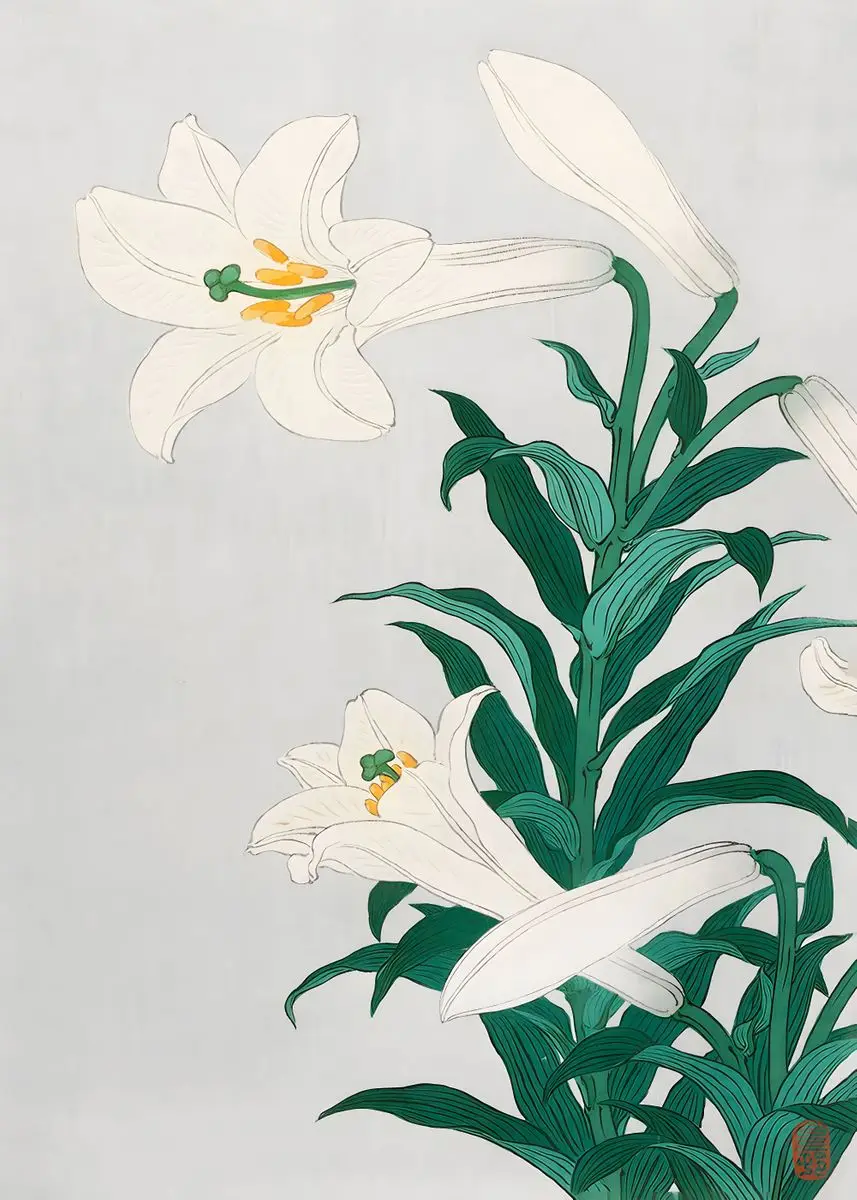 Pełnia księżyca, wróble i azalia - plakat ukiyo-e żółty
