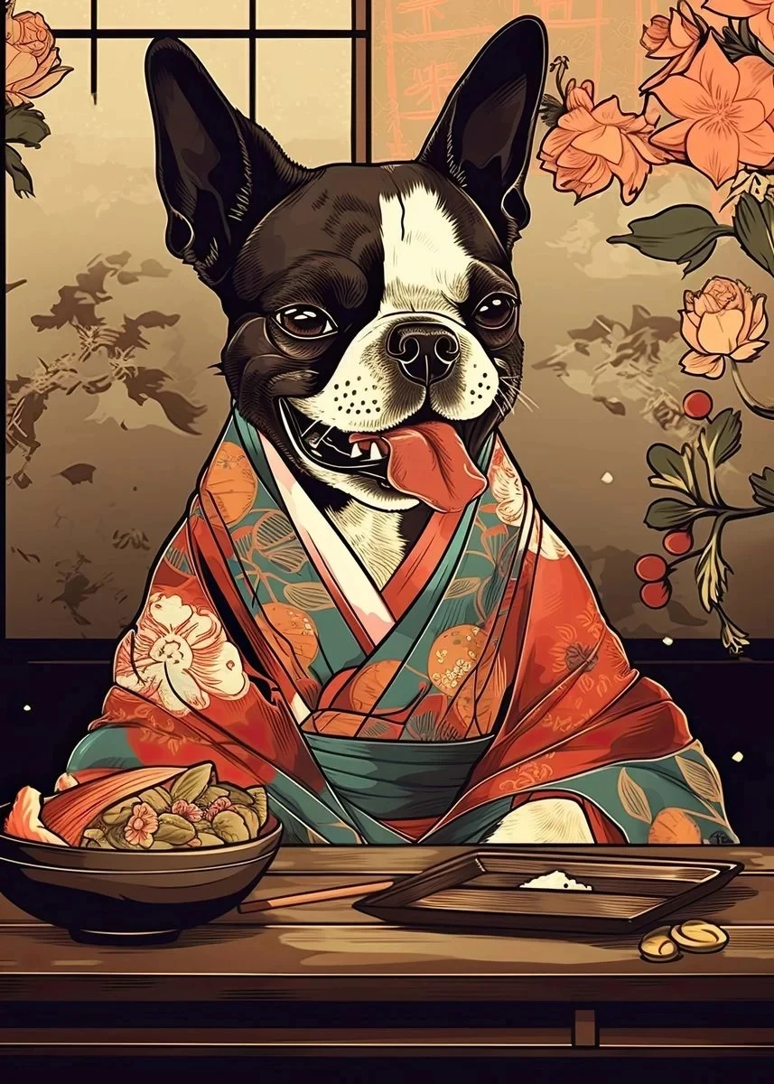 Piesek jedzący ramen - plakat do kuchni Burgundia