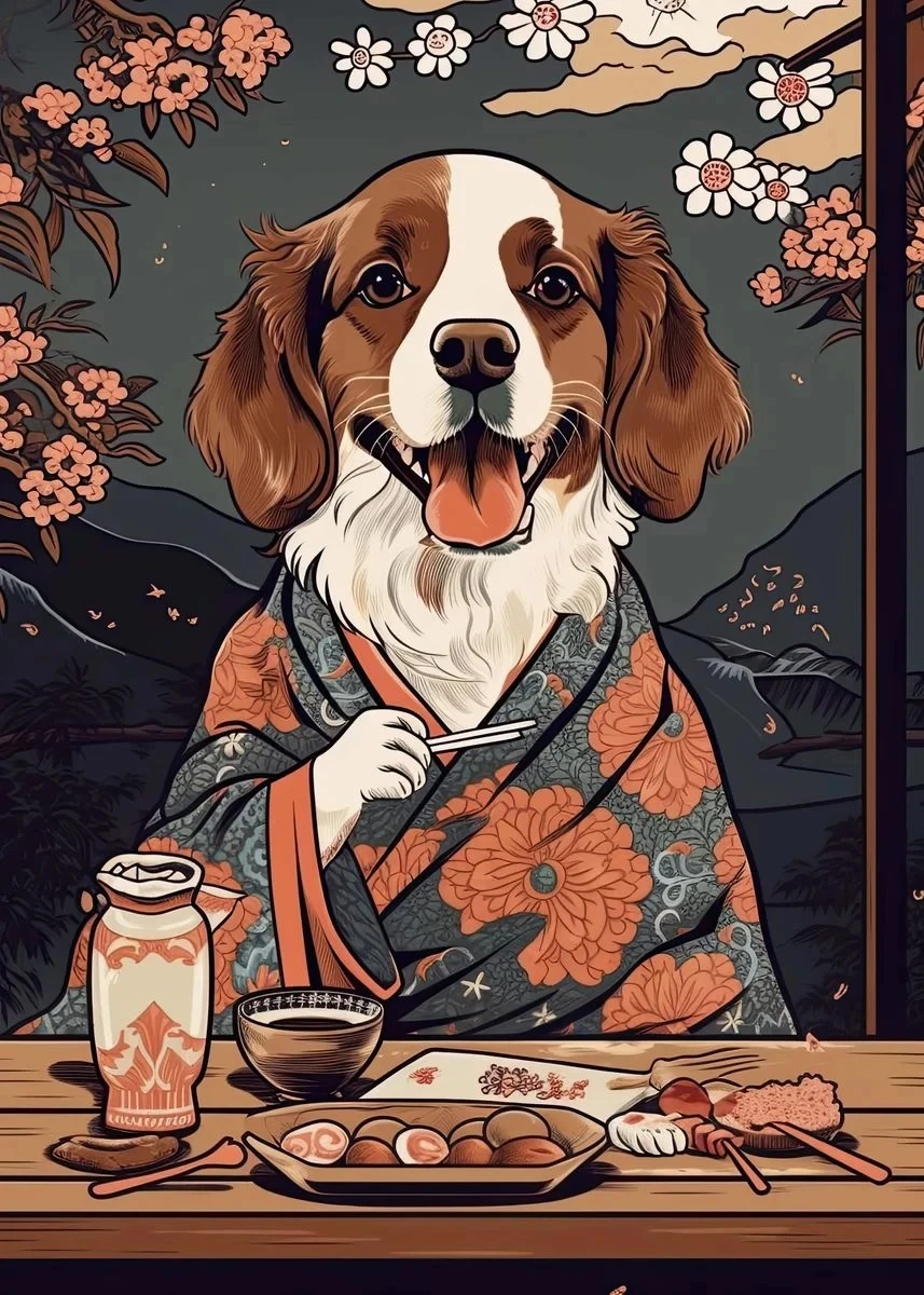 Piesek jedzący ramen - plakat do kuchni Czarny