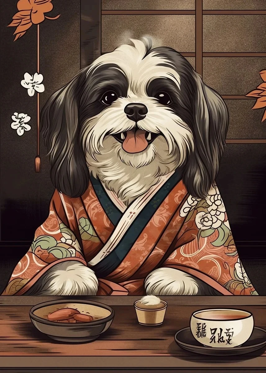 Piesek jedzący ramen - plakat do kuchni Fioletowy
