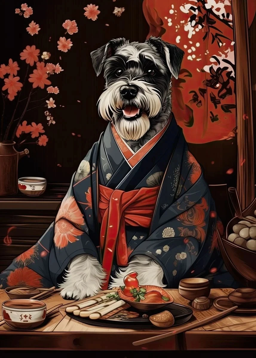 Piesek jedzący ramen - plakat do kuchni Fioletowy/фиолетовый