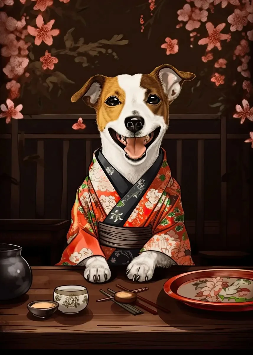 Piesek jedzący ramen - plakat do kuchni Granatowy