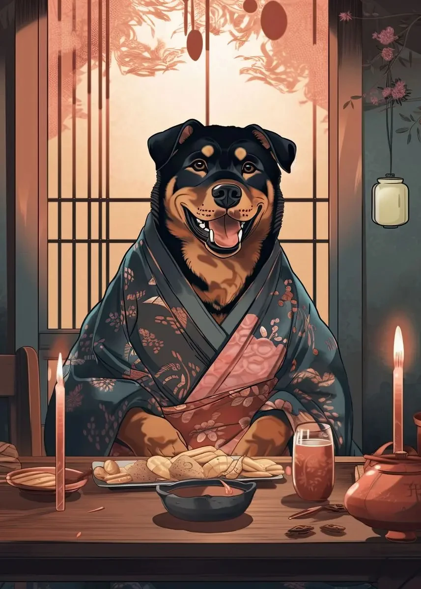 Piesek jedzący ramen - plakat do kuchni Jasnoszary