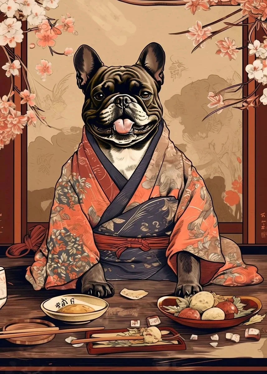 Piesek jedzący ramen - plakat do kuchni Jasnożółty