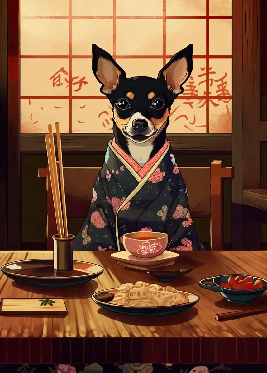 Piesek jedzący ramen - plakat do kuchni Niebieski