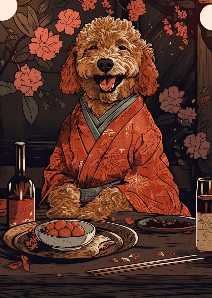Piesek jedzący ramen - plakat do kuchni Zielony