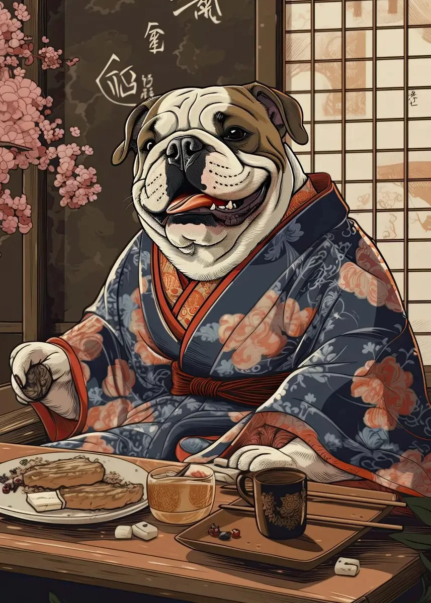Piesek jedzący ramen - plakat do kuchni żółty