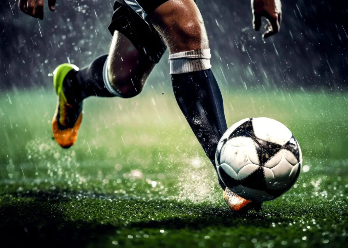 Piłkarz na boisku - nowoczesny plakat sportowy Jasnoszary
