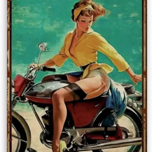Pin-up na motocyklu - emaliowana tabliczka retro Biały