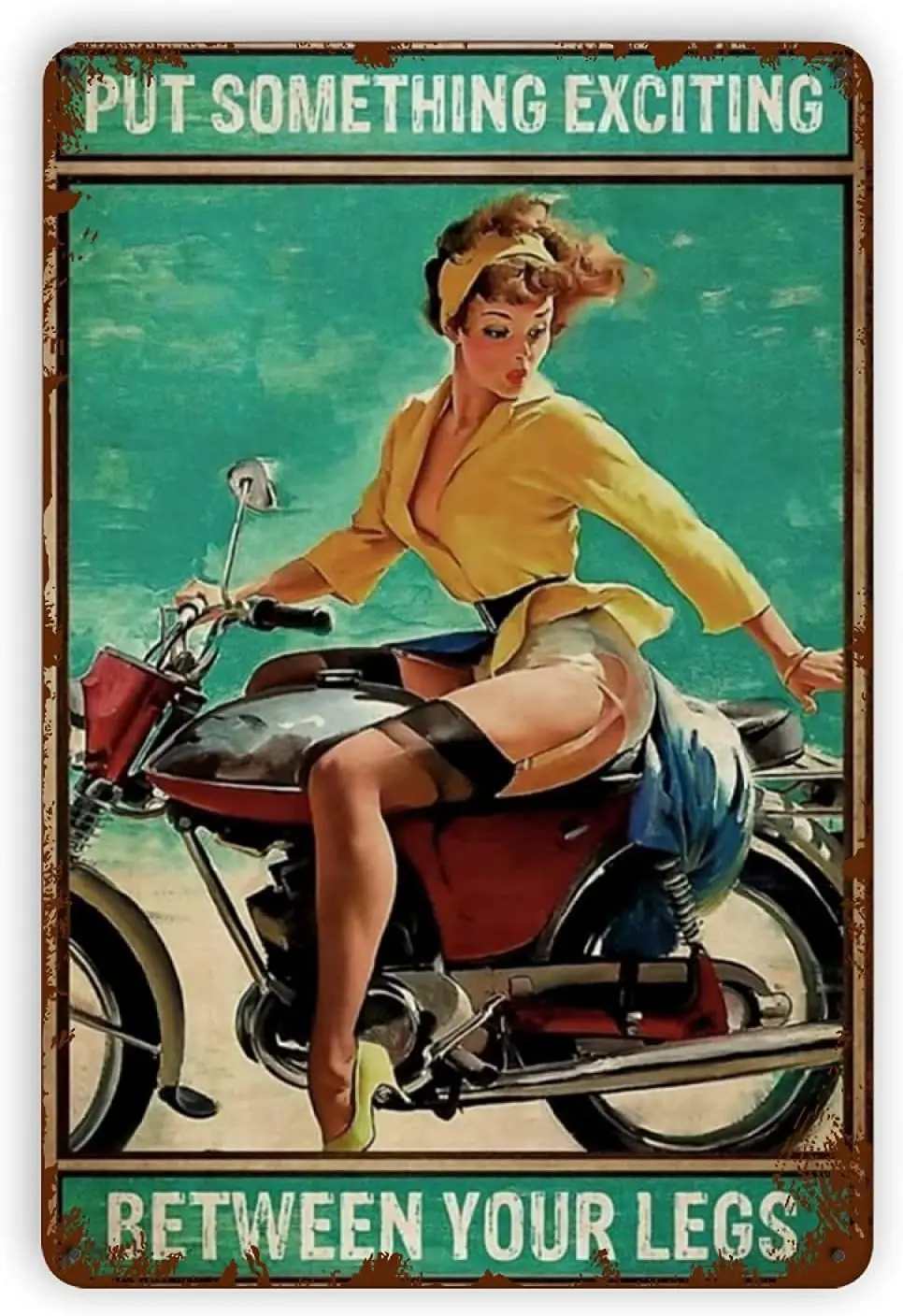 Pin-up na motocyklu - emaliowana tabliczka retro Biały