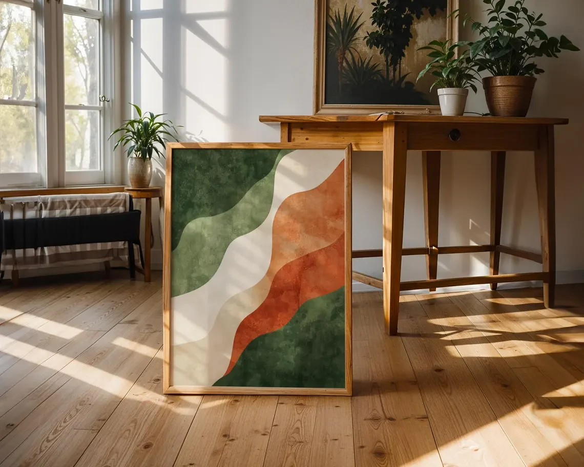 Plakat abstrakcyjny boho w odcieniach ziemi żółty