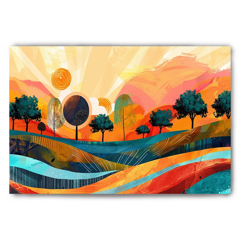 Plakat abstrakcyjny kolorowy pejzaż z górami Czerwony