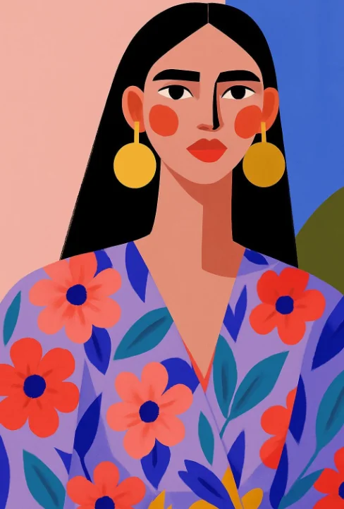 Plakat abstrakcyjny portret kobiety z kwiatami Granatowy