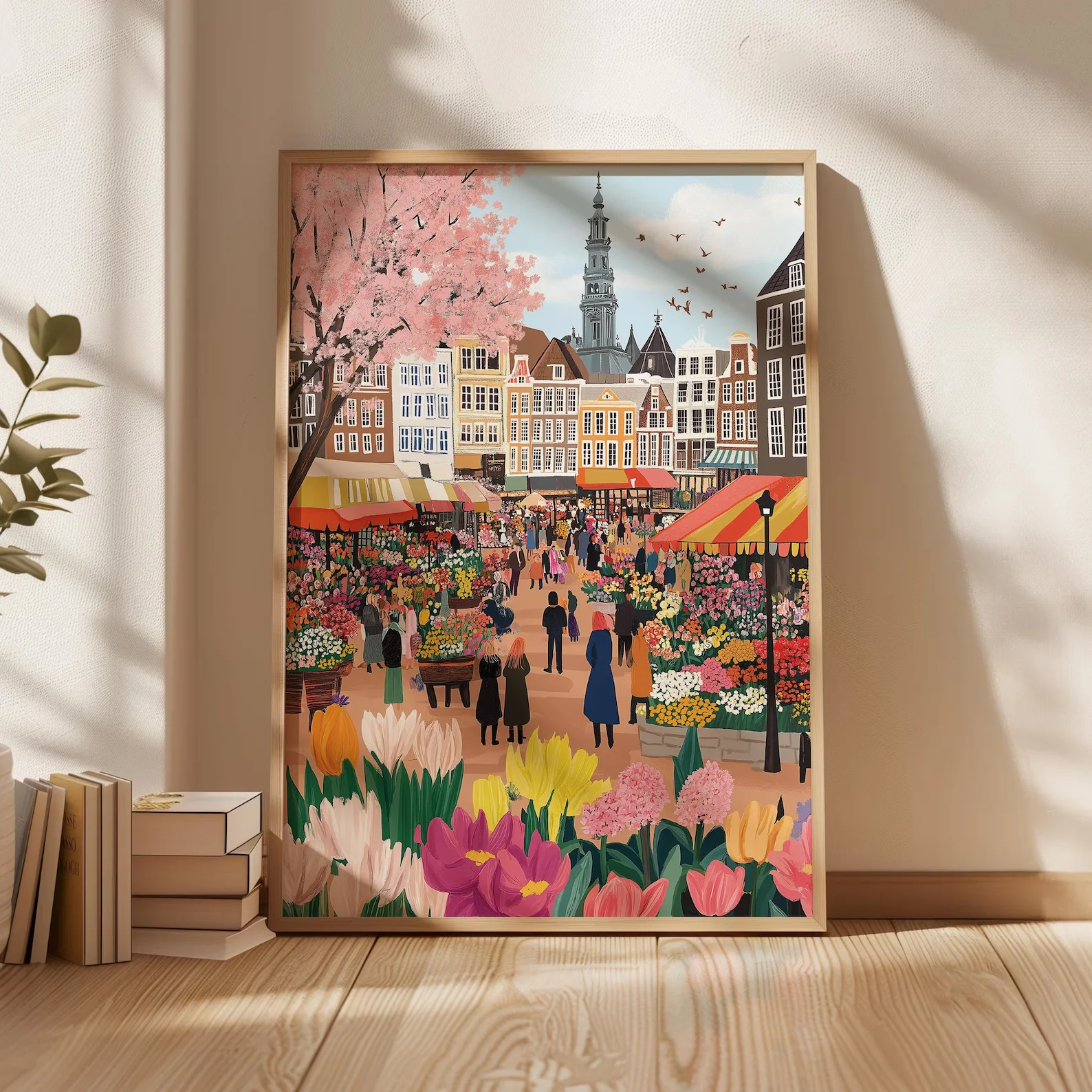 Plakat akwarelowy targ kwiatowy w Amsterdamie Czerwony