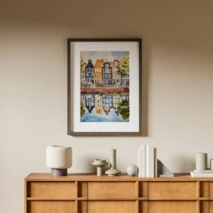 Plakat akwarelowy targ kwiatowy w Amsterdamie Szary