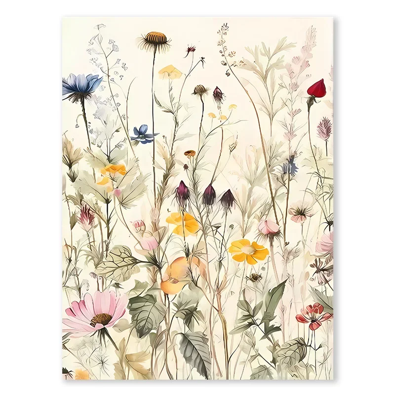 Plakat akwarelowe dzikie kwiaty i liście botaniczne żółty