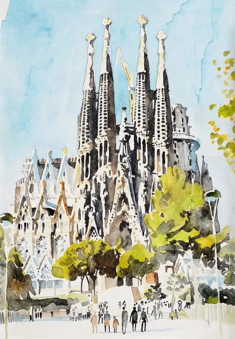 Plakat akwarelowe miasta wybrzeża i architektura Granatowy