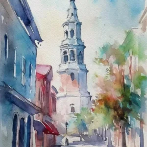 Plakat akwarelowe miasta wybrzeża i architektura Niebieski