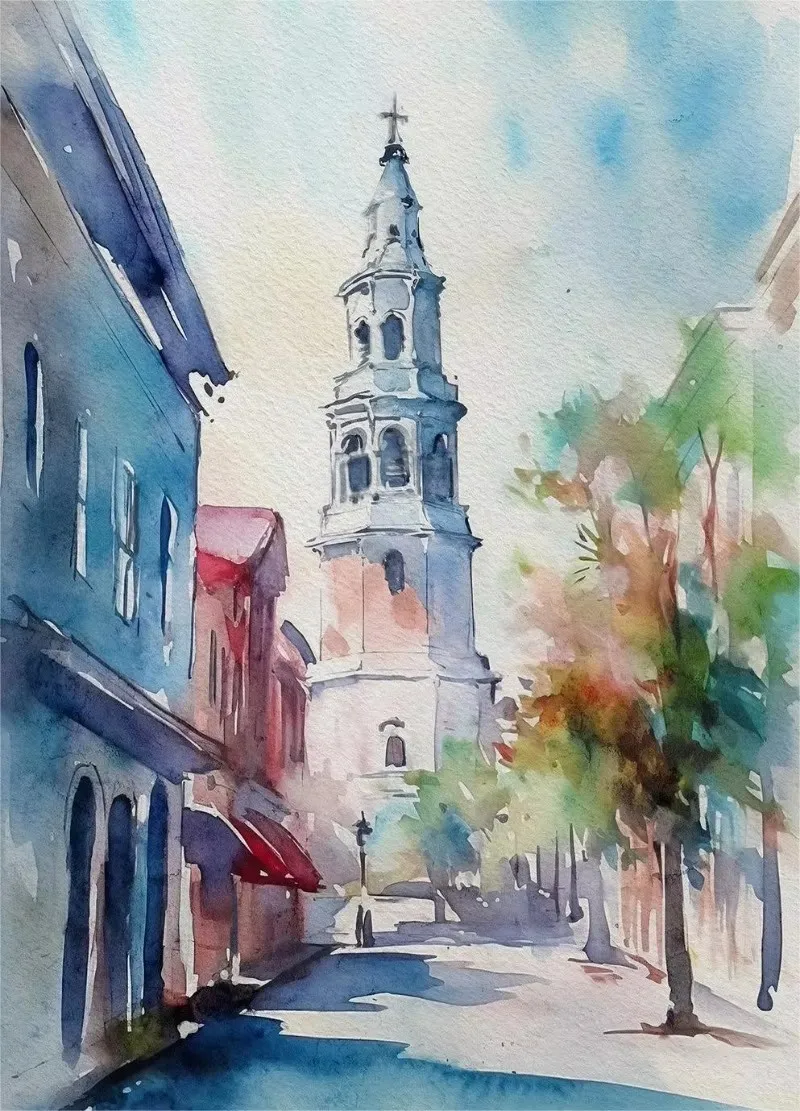 Plakat akwarelowe miasta wybrzeża i architektura Niebieski