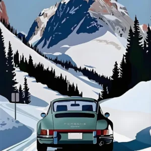 Plakat alpejski krajobraz vintage kreskówkowy Biały