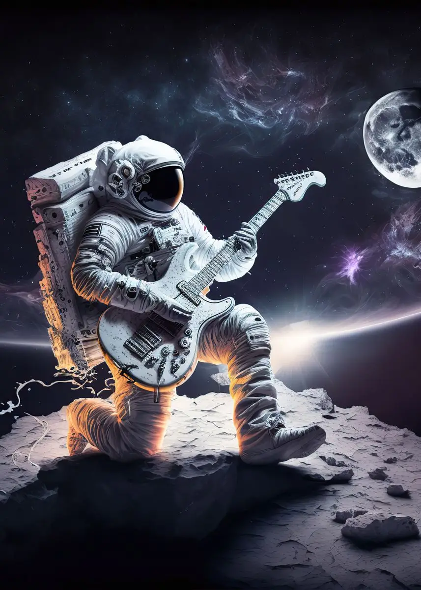 Plakat astronauta grający na gitarze Brązowy